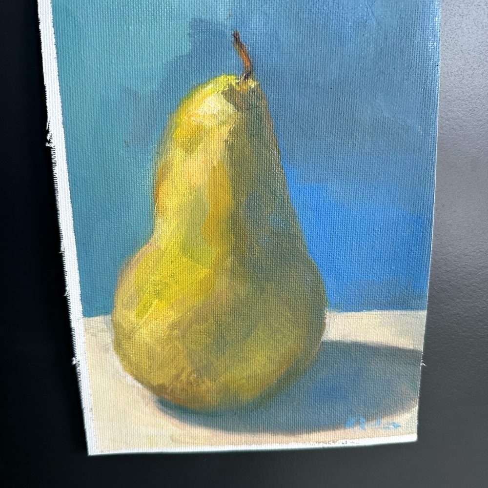 Vibrant Yellow and Blue Pear Oil painting on canvas paper.